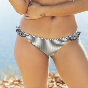 Aerie Seersucker Ruffle Bikini Bottom Black White Striped Feminine Size M NEW